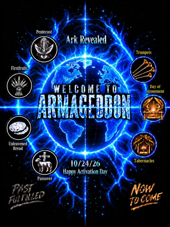 Ark Revealed Armageddon artwork with seven biblical festival symbols